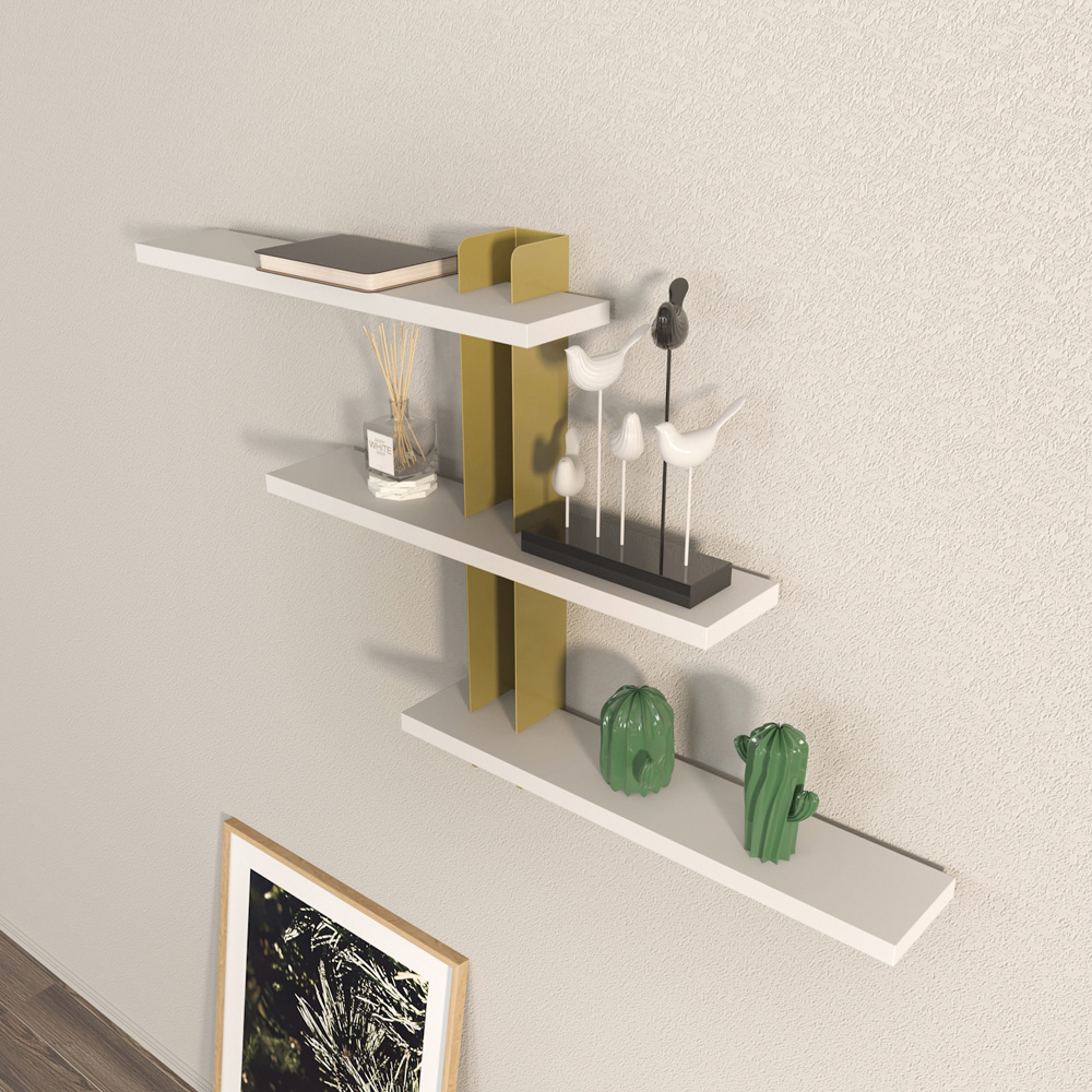 Decorotika Mita 3 Tier White and Gold Wall Mounted Shelf Image 4