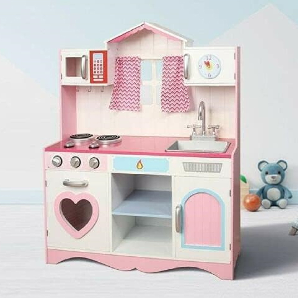 Kids Pink Wooden Pretend Kitchen Play Set Image 2