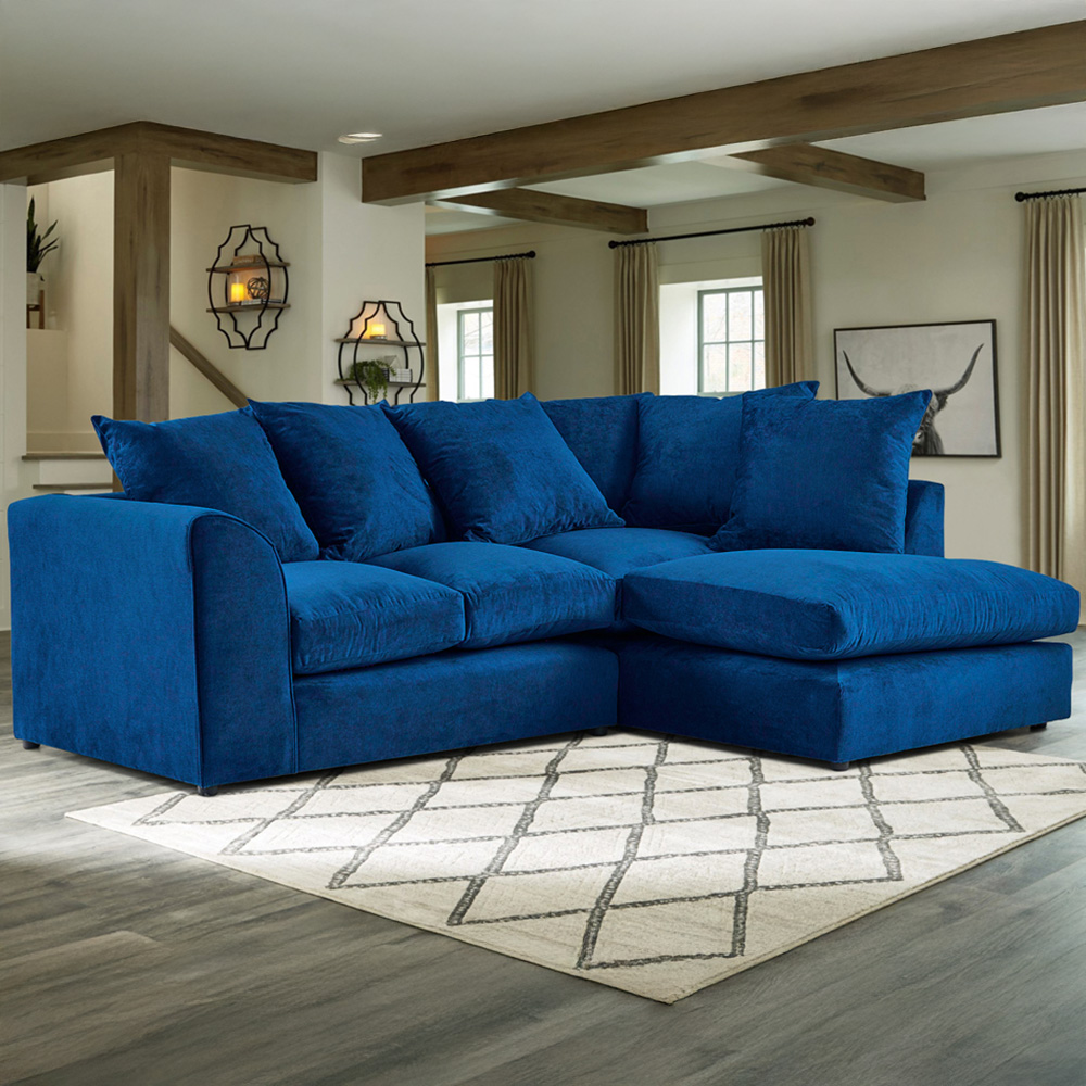 Portland Mirana Modern 3 Seater Blue Plush Velvet Right Hand Corner Sofa Image 1