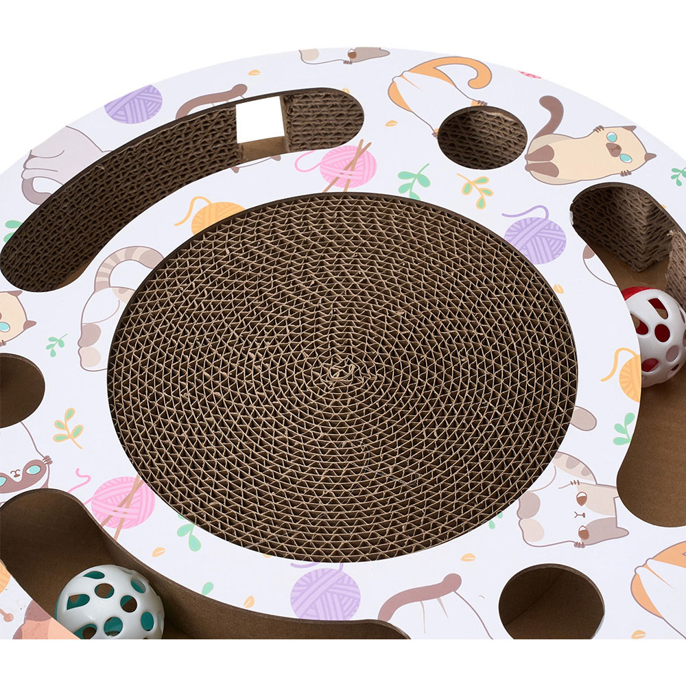 H&O Direct 33cm Multicolour Round Cat Scratcher Board with Ball Track and 2 Bell Balls Image 3