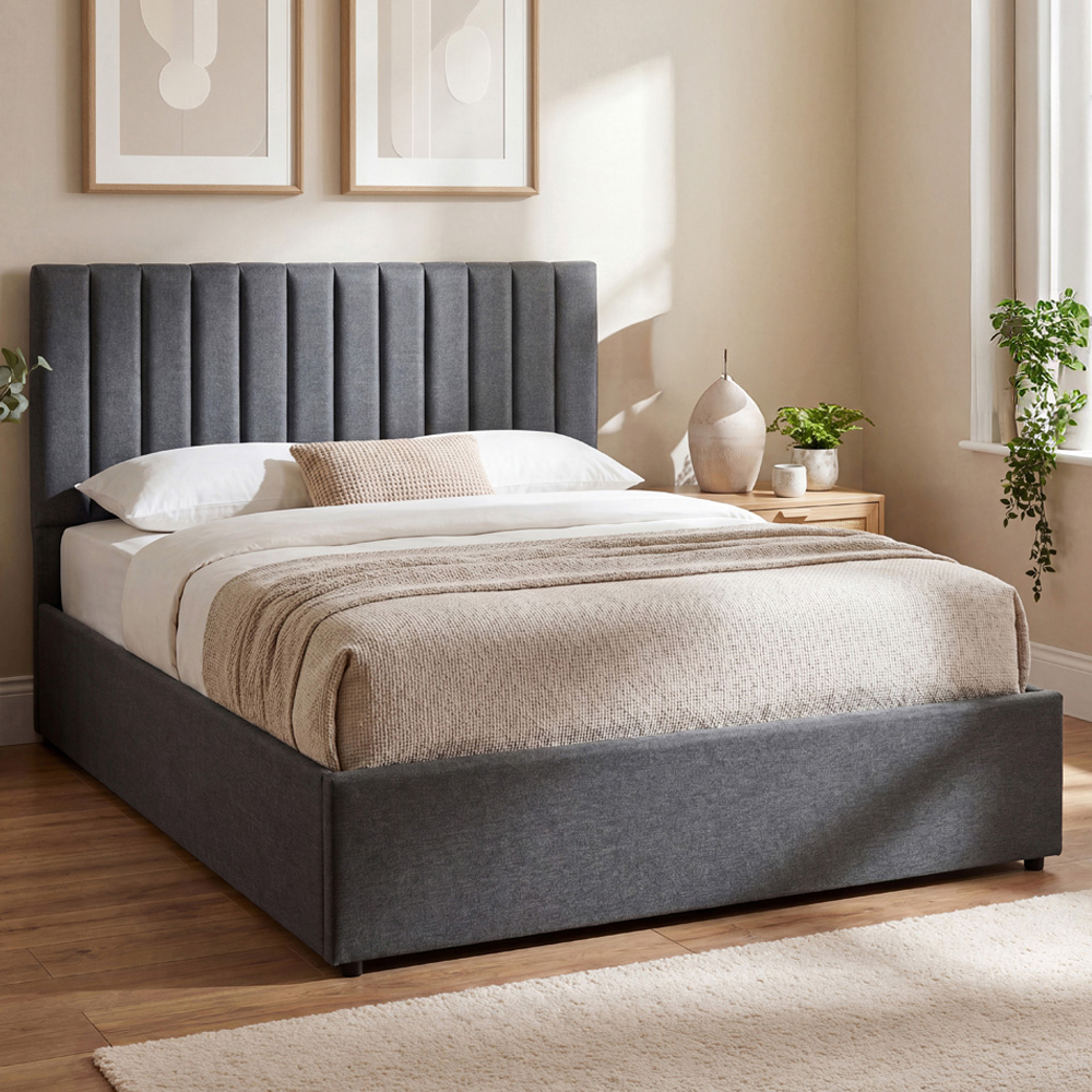 VIDA DESIGNS Vellaro Double Dark Grey Linen Fabric Ottoman Bed with Headboard and Mattress Image 1