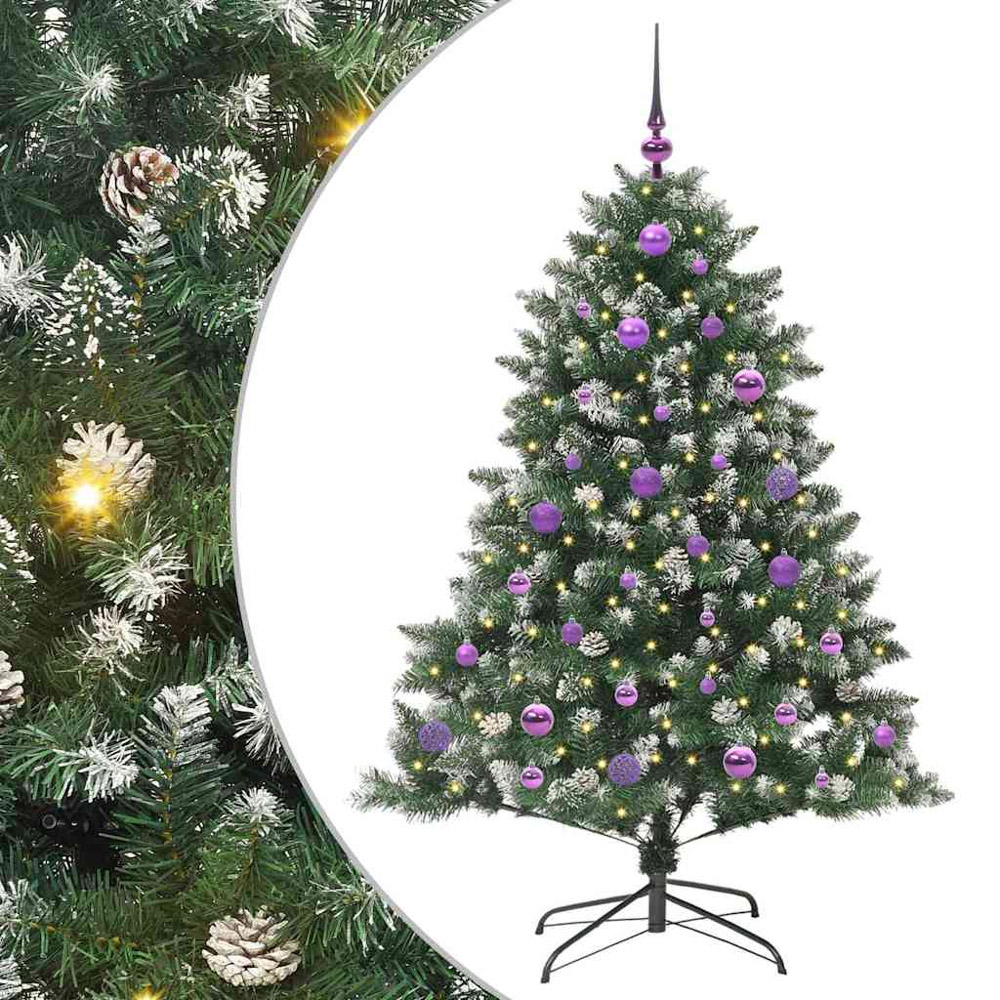 vidaXL Pre-Lit Lilac Baubles Green Artificial Snow Tipped Christmas Tree 5ft Image 2