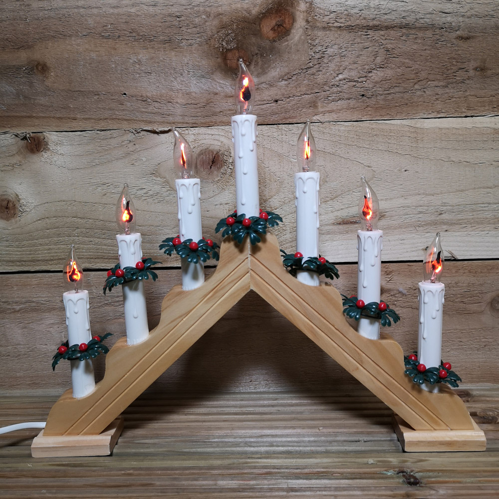 Premier 7 Flickering Warm White LED Wood Finish Christmas Candle Bridge Image 7