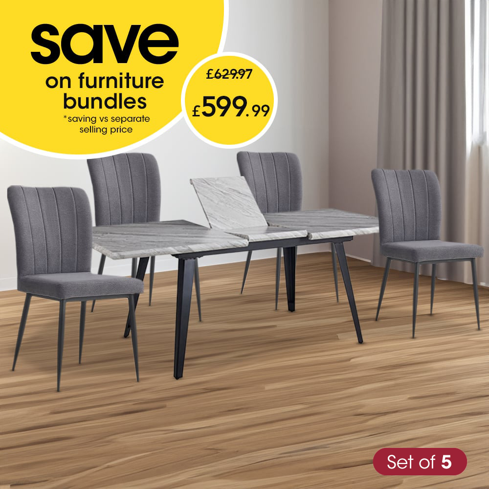 Carvelle Metal Dining Table & 4 Seaton Grey Chairs Set Image 1