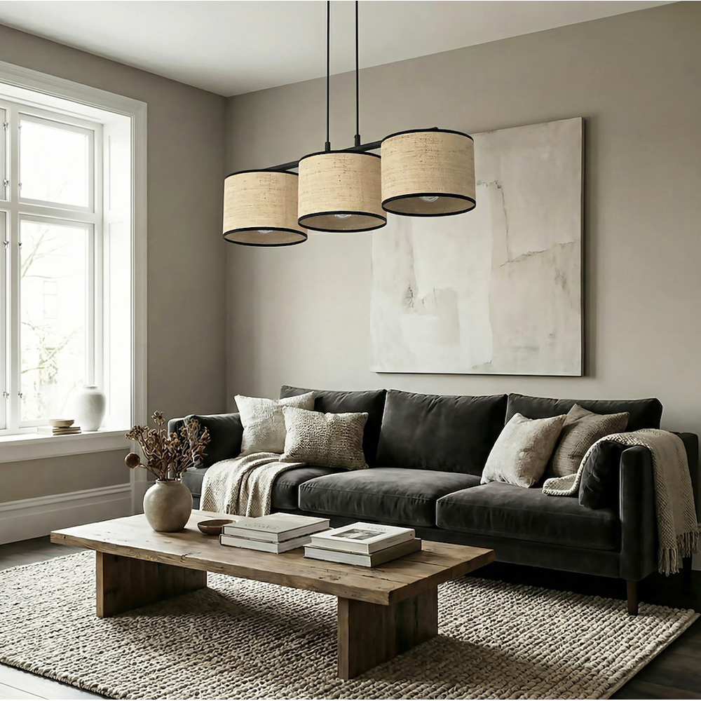 Emibig Eco 3 Light Rattan Cylindrical Shade Black E27 Ceiling Pendant Light Image 2