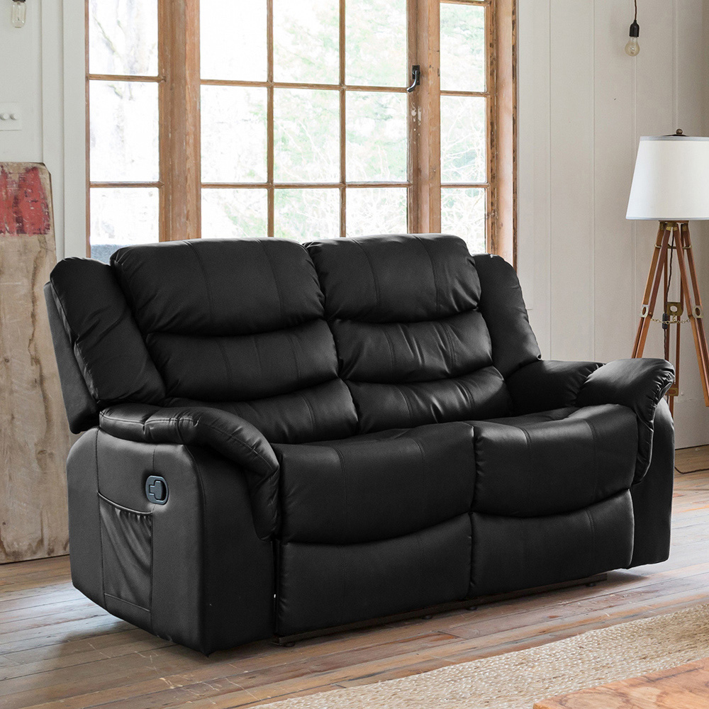Almeira 2 Seater Black Bonded Leather Massage and Heat Manual Recliner Sofa Image 4