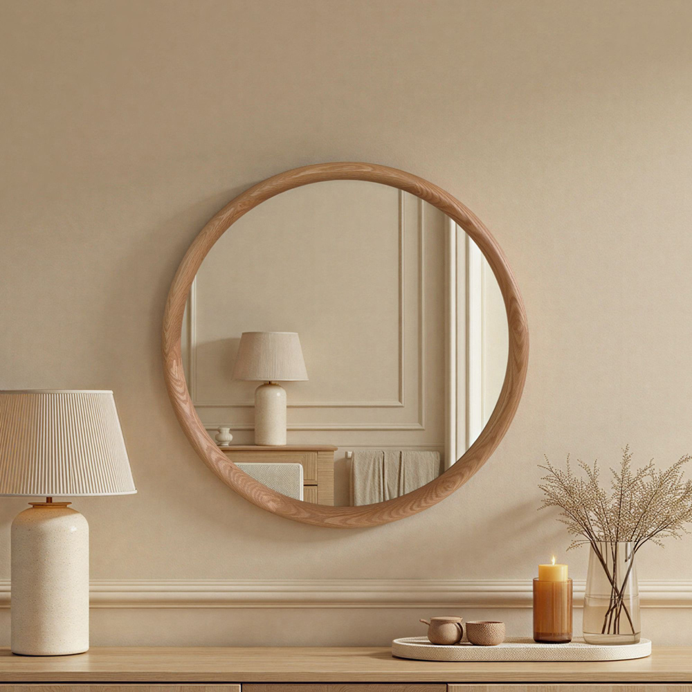 Yearn Natural Solid Oak Round Wooden Wall Mirror 60cm Image 2