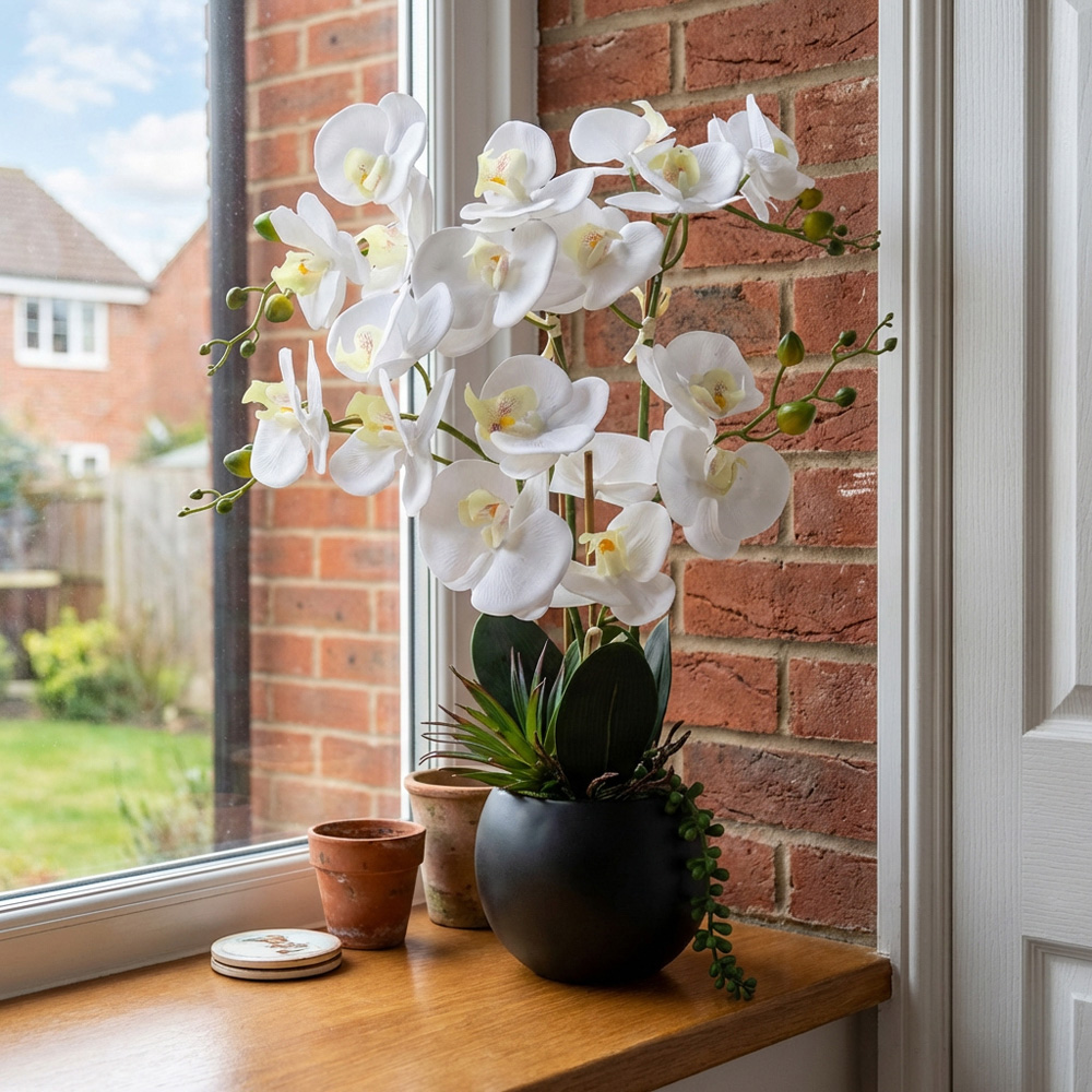 White Orchid in Pot with Succulent Artificial Plant Image 3