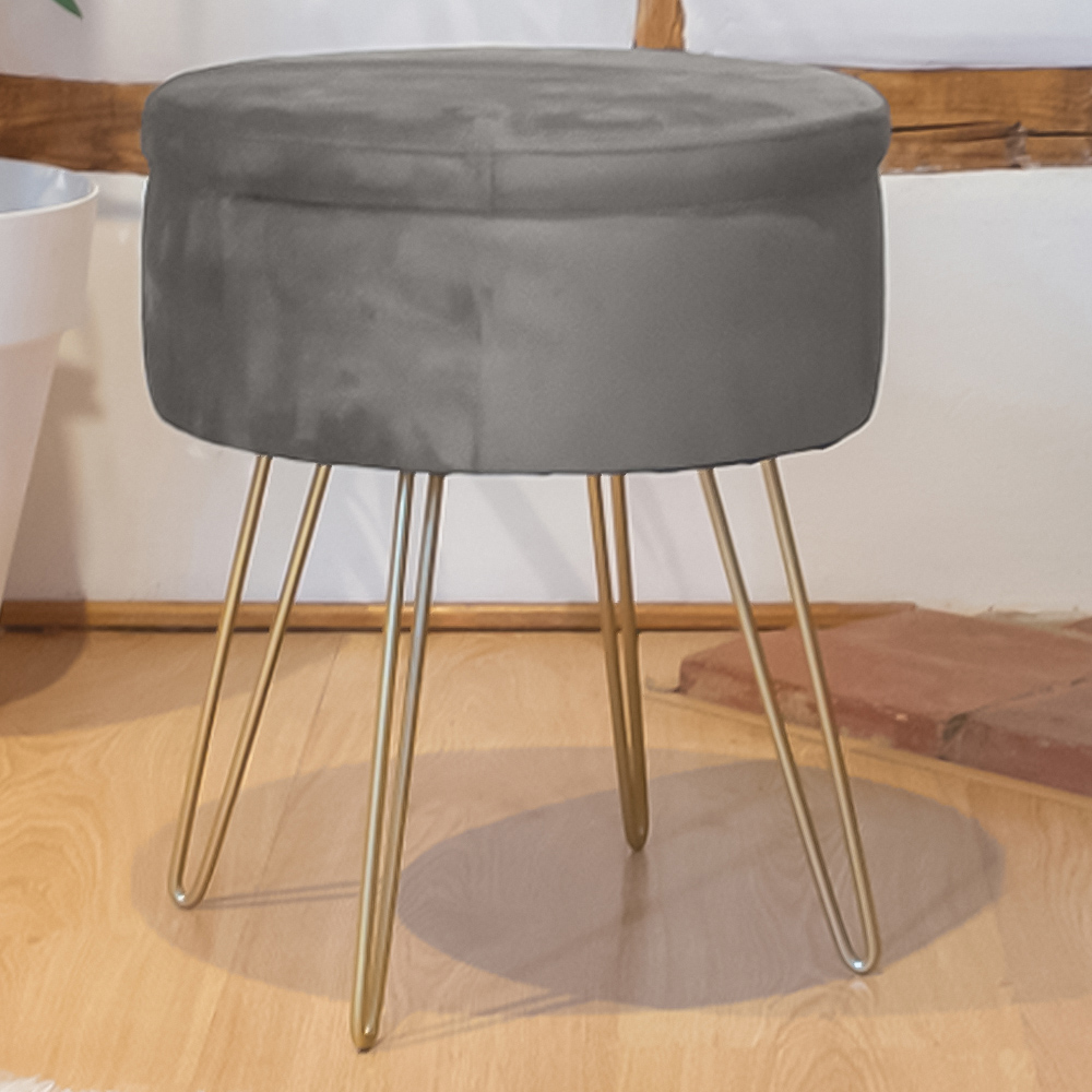 Harbour Housewares Grey and Black Velvet Round Footstool with Storage Image 1