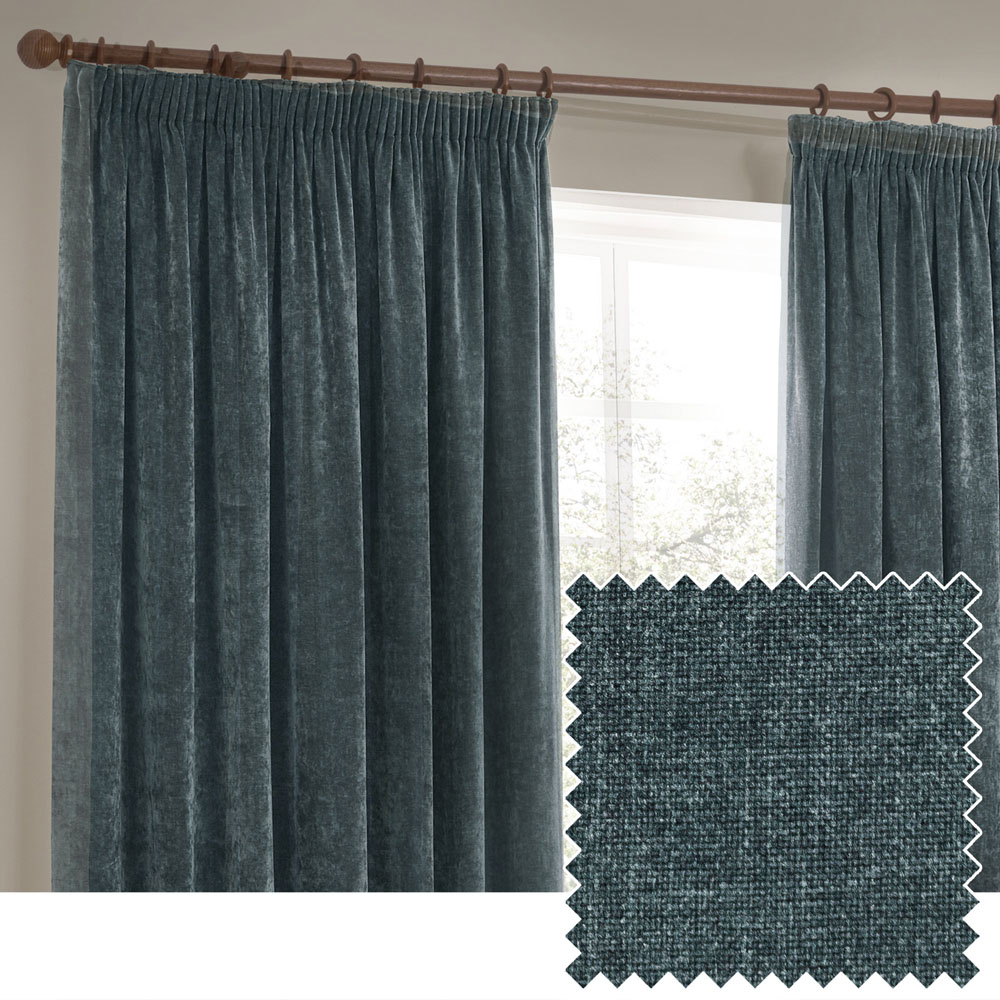 Yard Heavy Marine Chenille Velvet Pencil Pleat Curtains 117 x 137cm Image 4