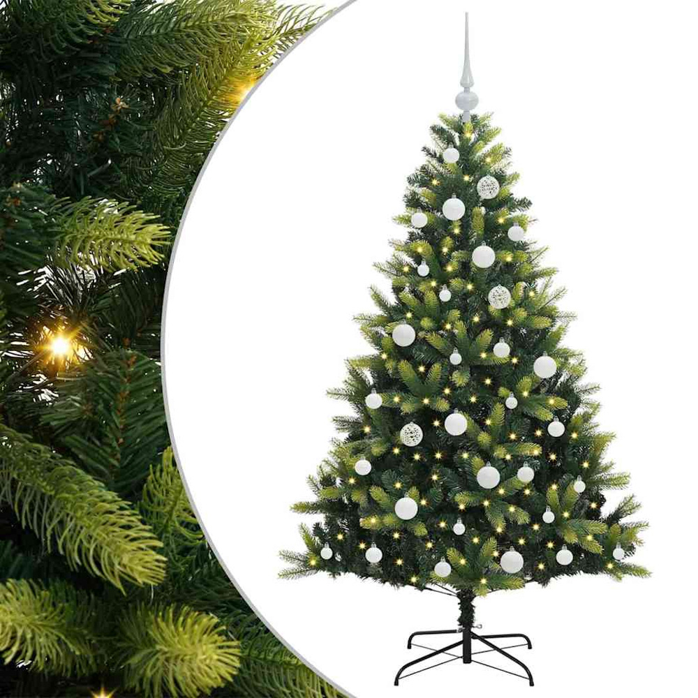 vidaXL Pre-Lit White Baubles Green Artificial Hinged Christmas Tree 5ft Image 2