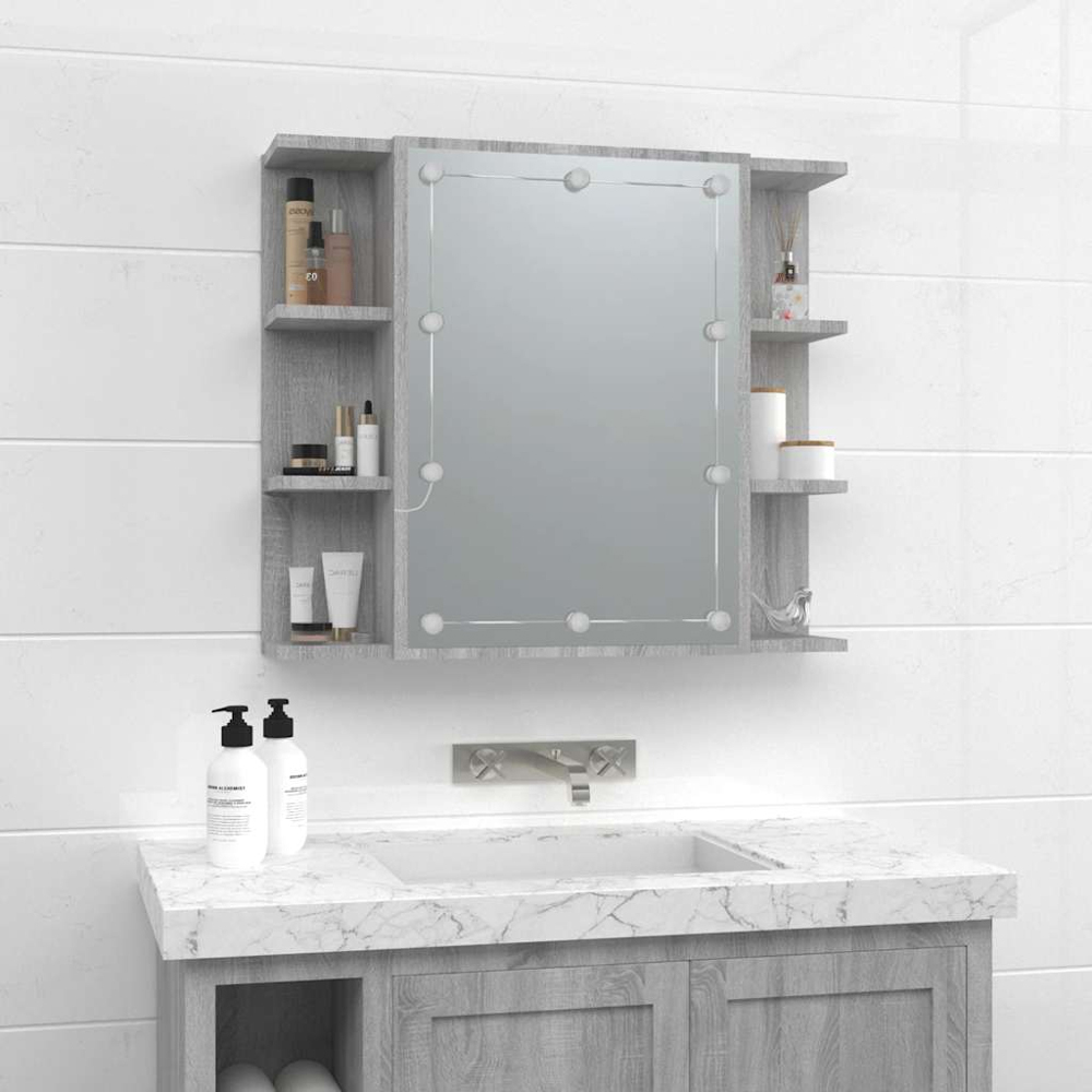 vidaXL Single Door 6 Shelf Grey Sonoma Wall Mounted Mirrored Bathroom Cabinet with LED Image 8