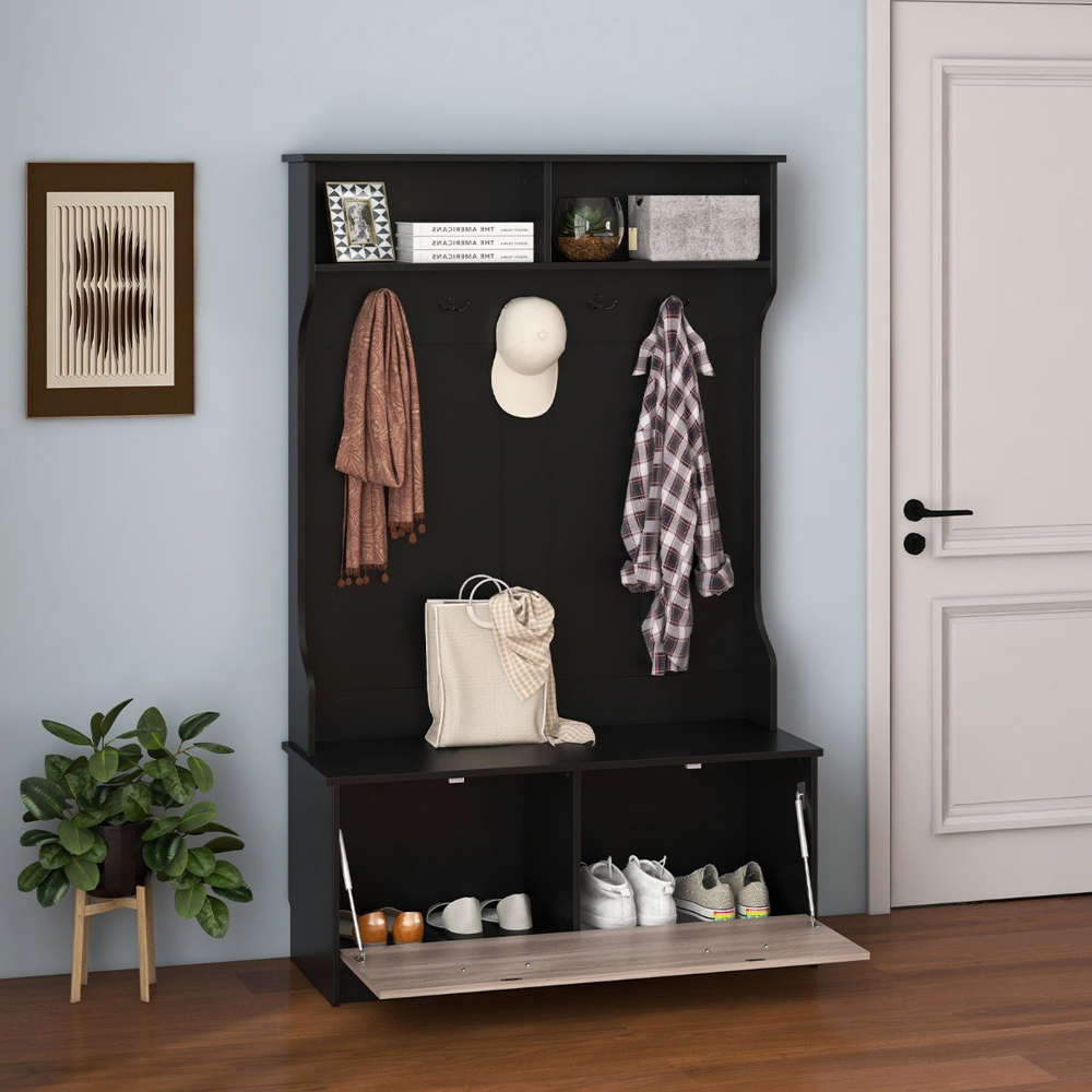 Costway 2 Shelf 5 Double Hook Black Freestanding Coat Rack Image 4