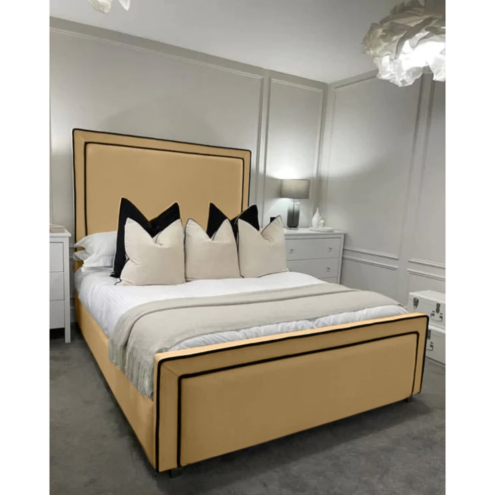 Eleganza Home Bianca Double Beige Plush Velvet Bed Frame with Headboard and Footboard Image 3