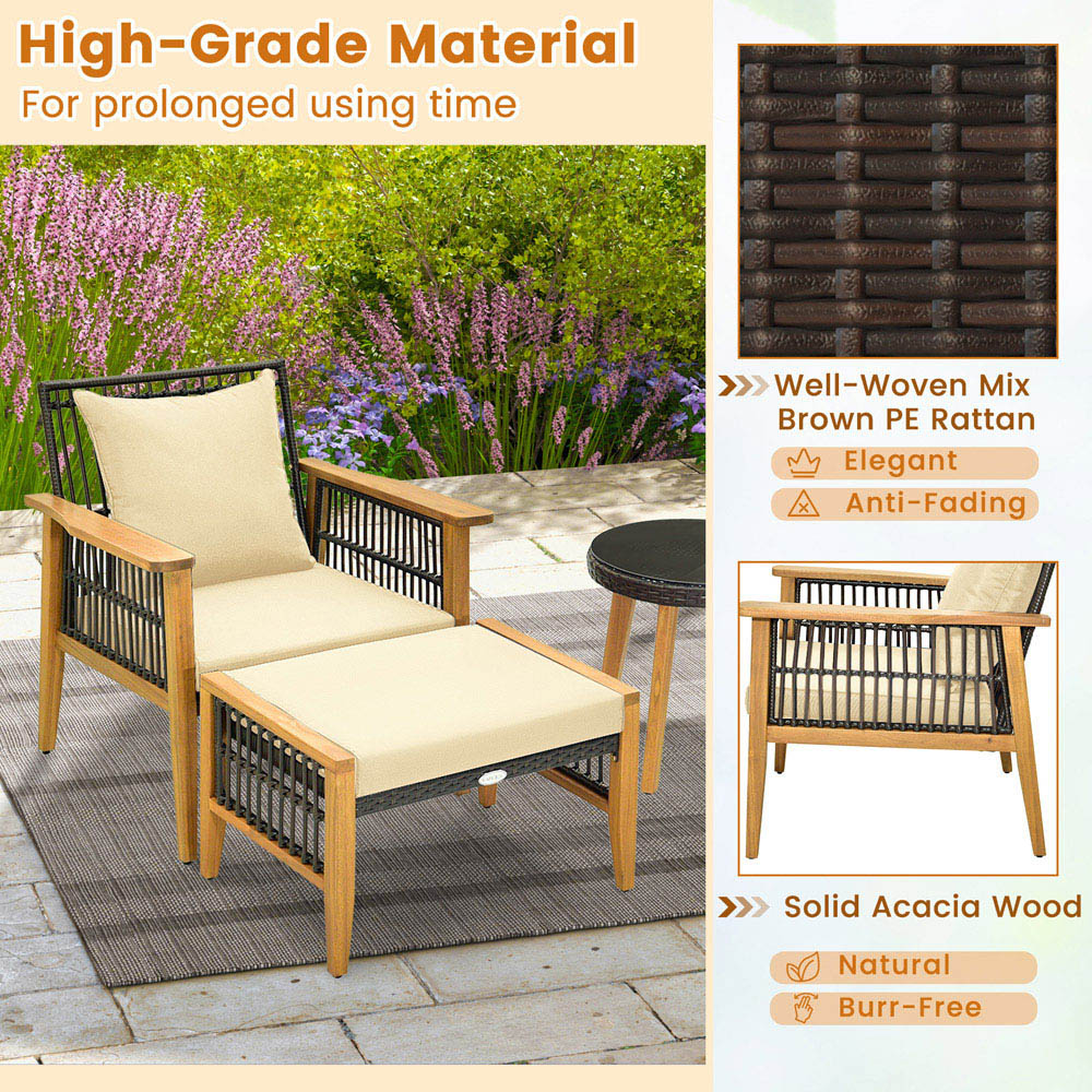 Costway 2 Seater Brown Wicker Woven Chair Set with Ottoman Image 4