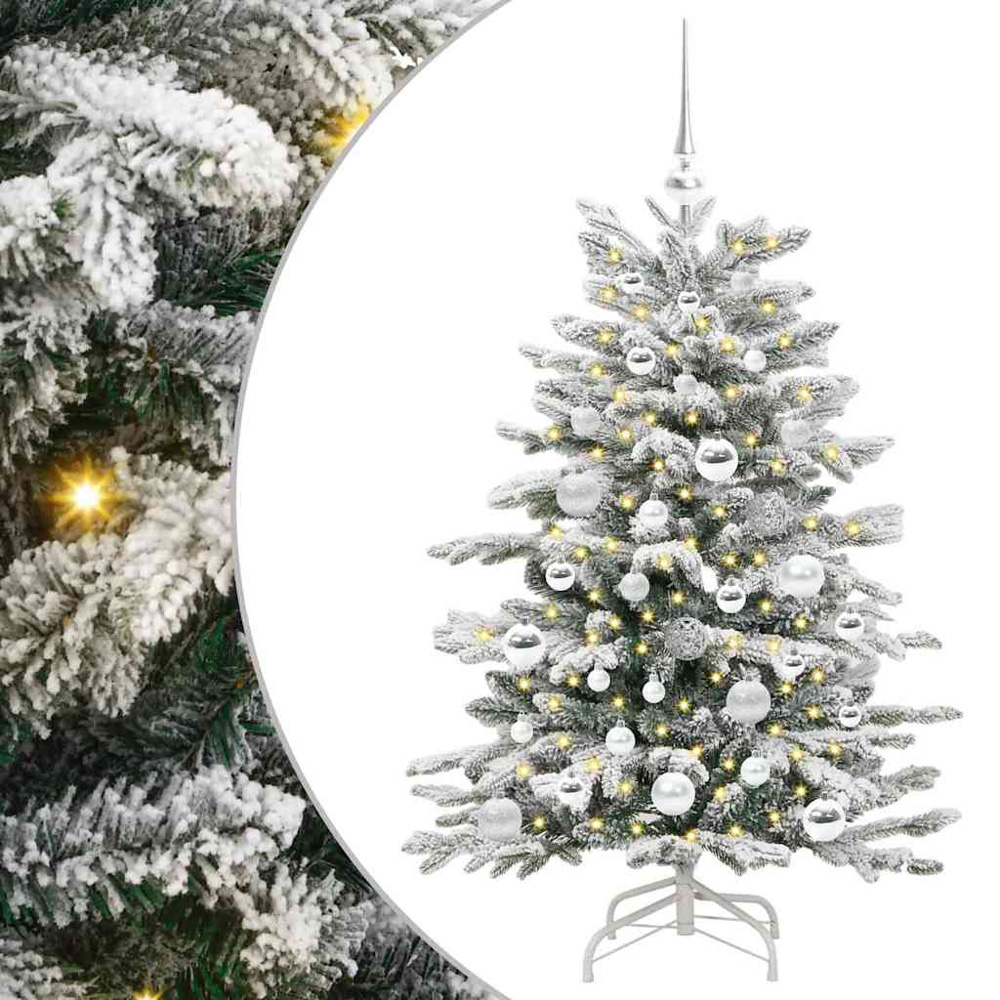vidaXL Pre-Lit Silver Baubles White Artificial Snow Flocked Christmas Tree 4ft Image 2