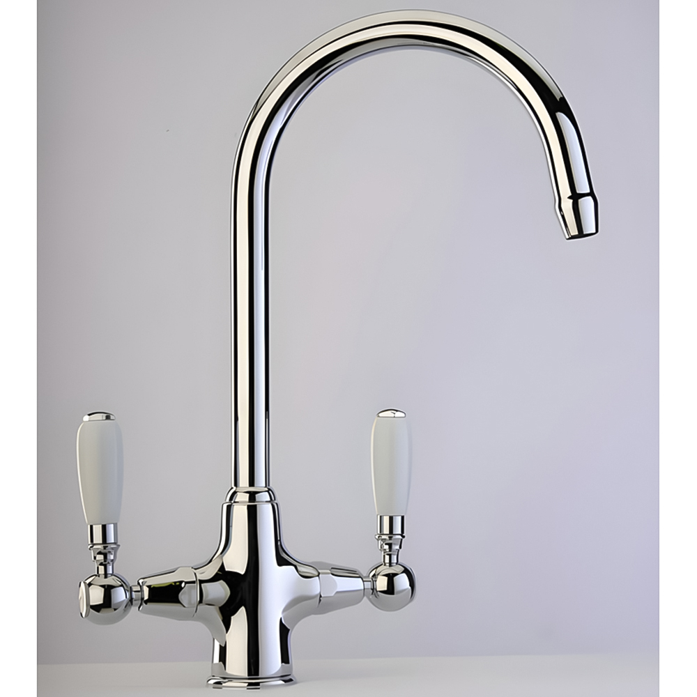 Piralla Swan Polished Chrome Ceramic Twin Lever Swivel Spout Kitchen Tap Image 2