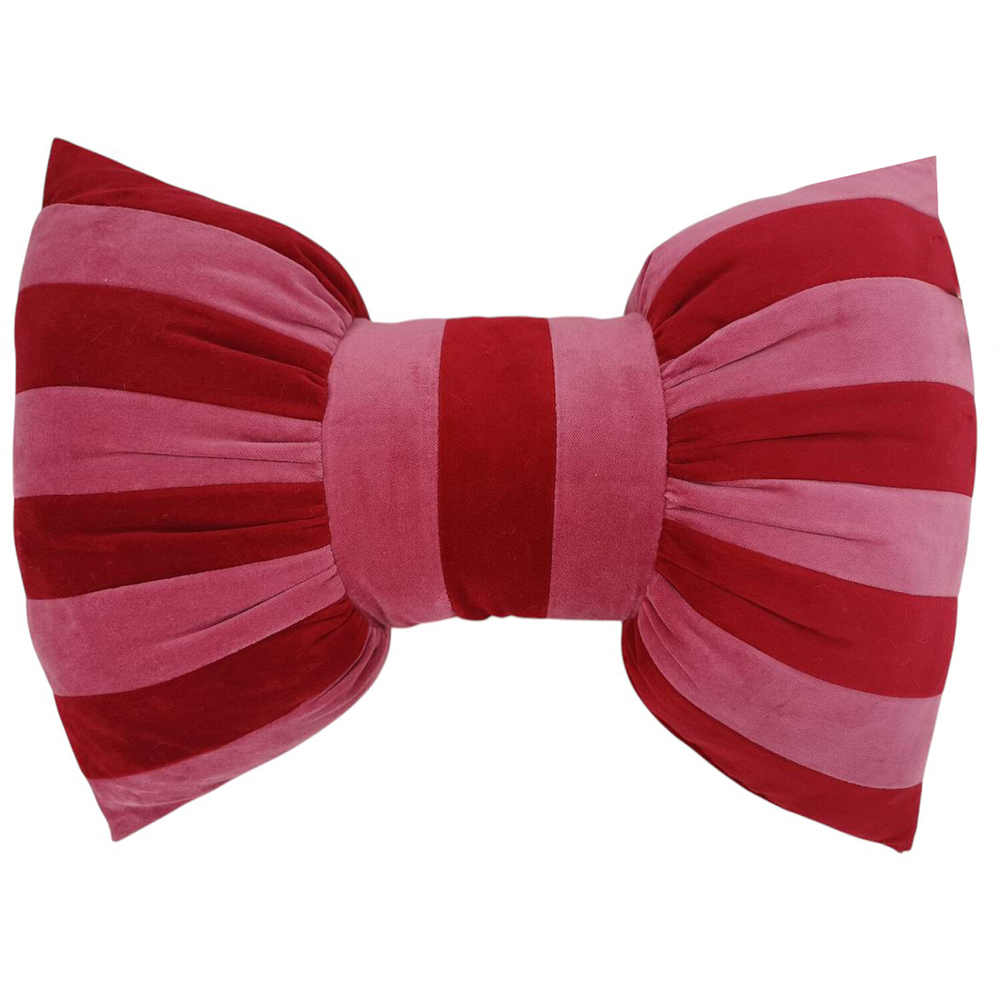 Bow Stripe Velvet Cushion  - Red and Pink Image