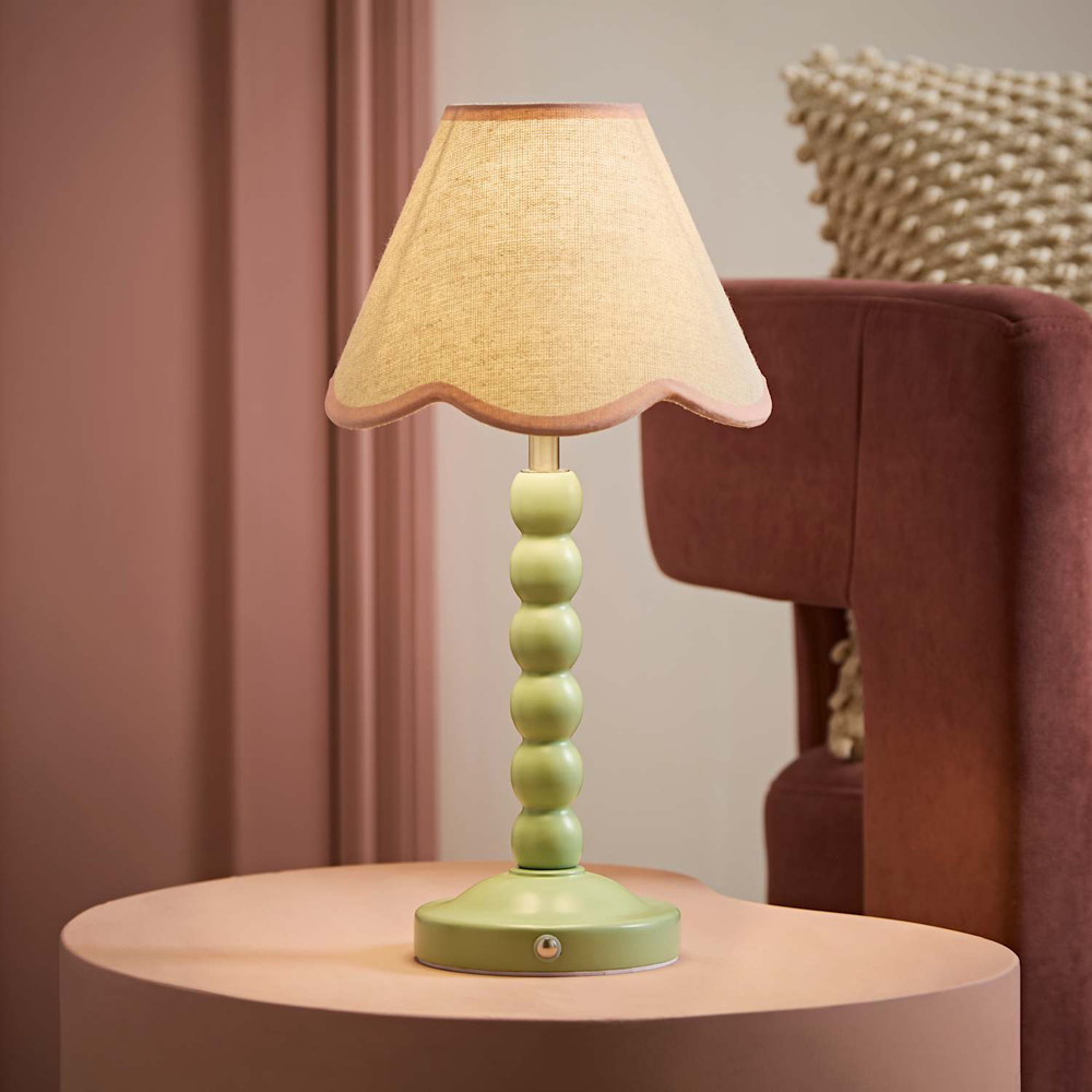 ValueLights Bobble Pink Scallop Shade Green Rechargeable Wooden LED Table Lamp Image 6