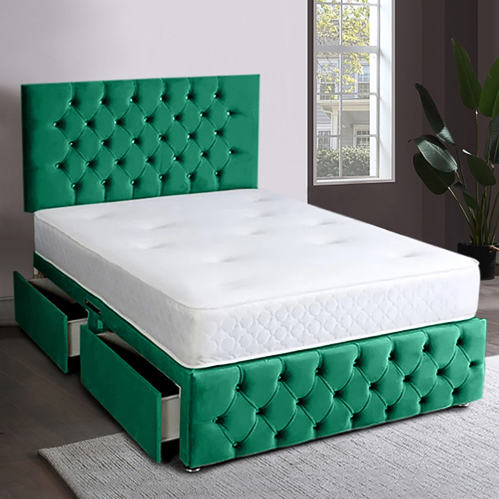 Eleganza Home Serenova King Size Emerald Plush Velvet 2 Drawer Divan Bed with Headboard Image 1