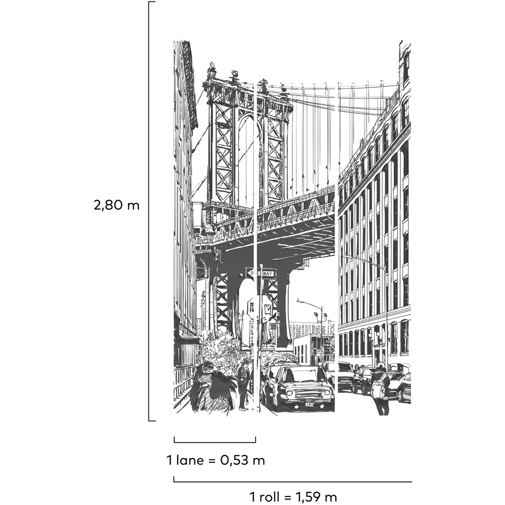Grandeco Brooklyn Bridge Black and White 3 Lane Wall Mural Image 3