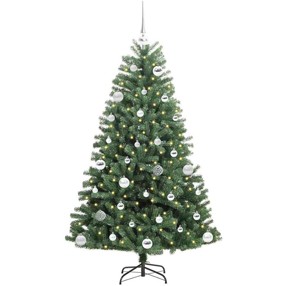 vidaXL Pre-Lit Silver Baubles Green Artificial Hinged Christmas Tree 5ft Image 1