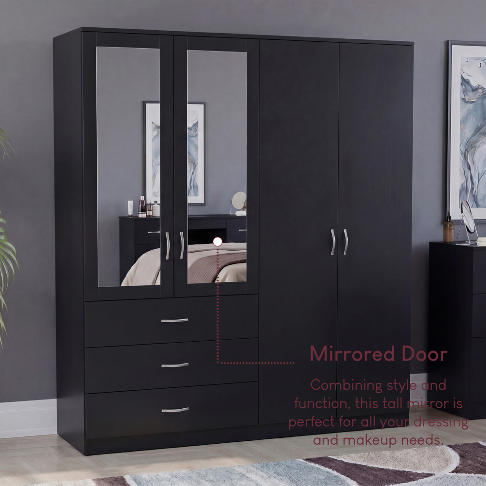VIDA DESIGNS Riano 4 Door 3 Drawer Black Mirrored Wardrobe Image 6