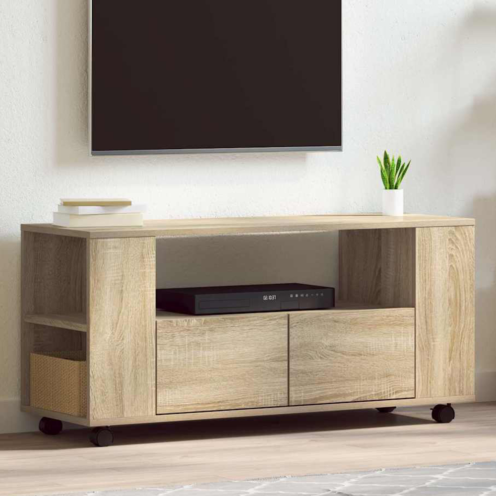 vidaXL 2 Drawer Single Open Shelf Sonoma Oak TV Cabinet with Wheels Image 1