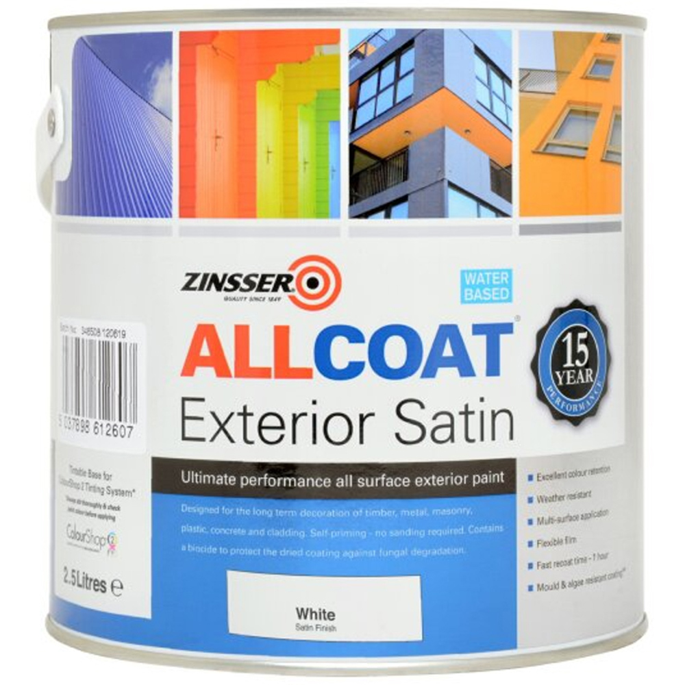 Zinsser Allcoat White Water Based Exterior Satin Paint 2.5L Image 2