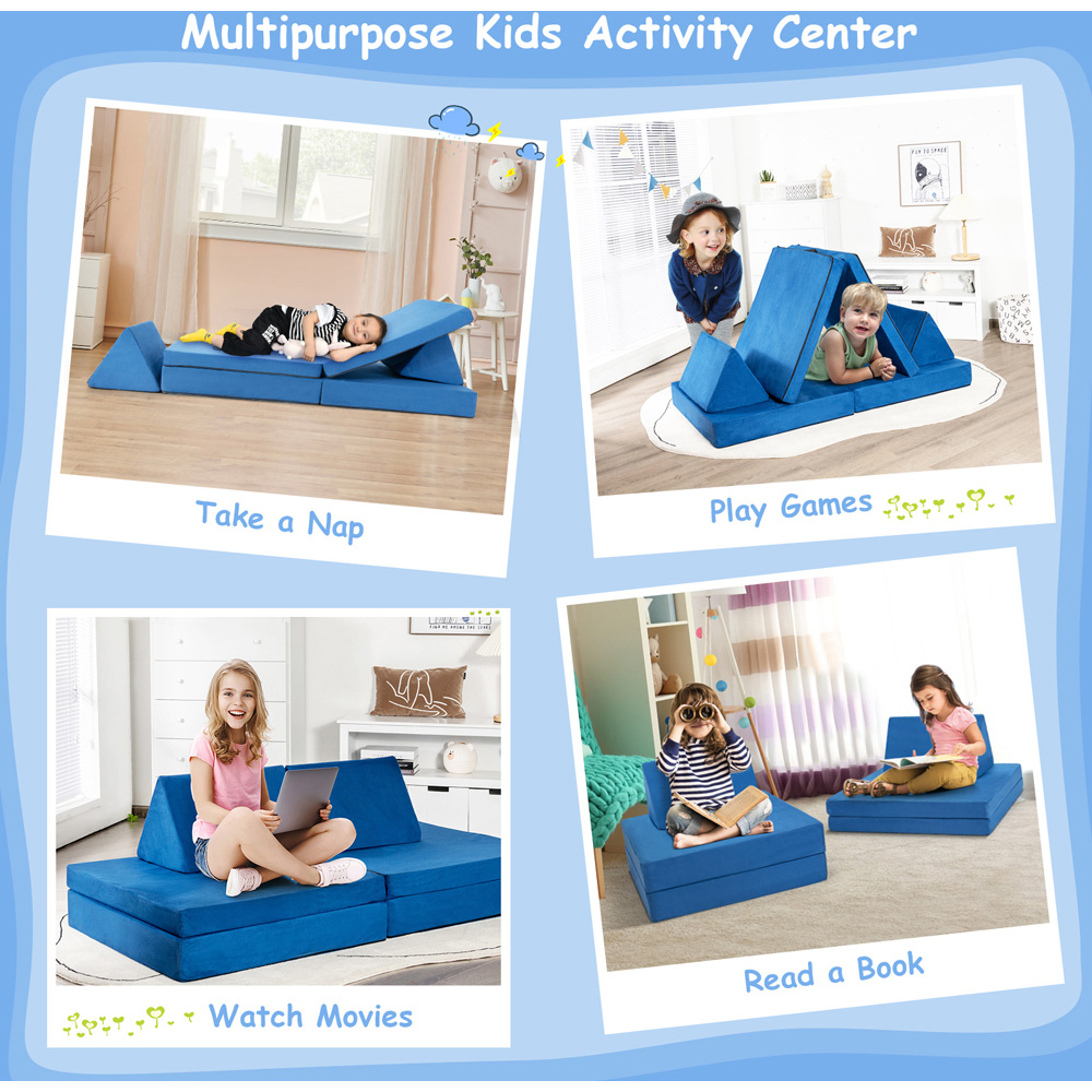 Costway 4 Piece Blue Kids Convertible Sofa Bed Image 8