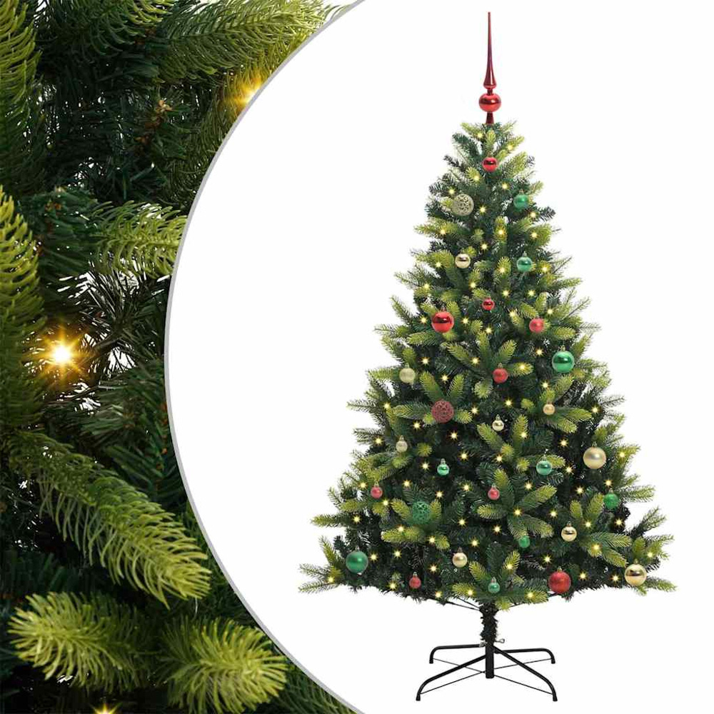 vidaXL Pre-Lit Multicolour Baubles Green Artificial Hinged Christmas Tree 5ft Image 2