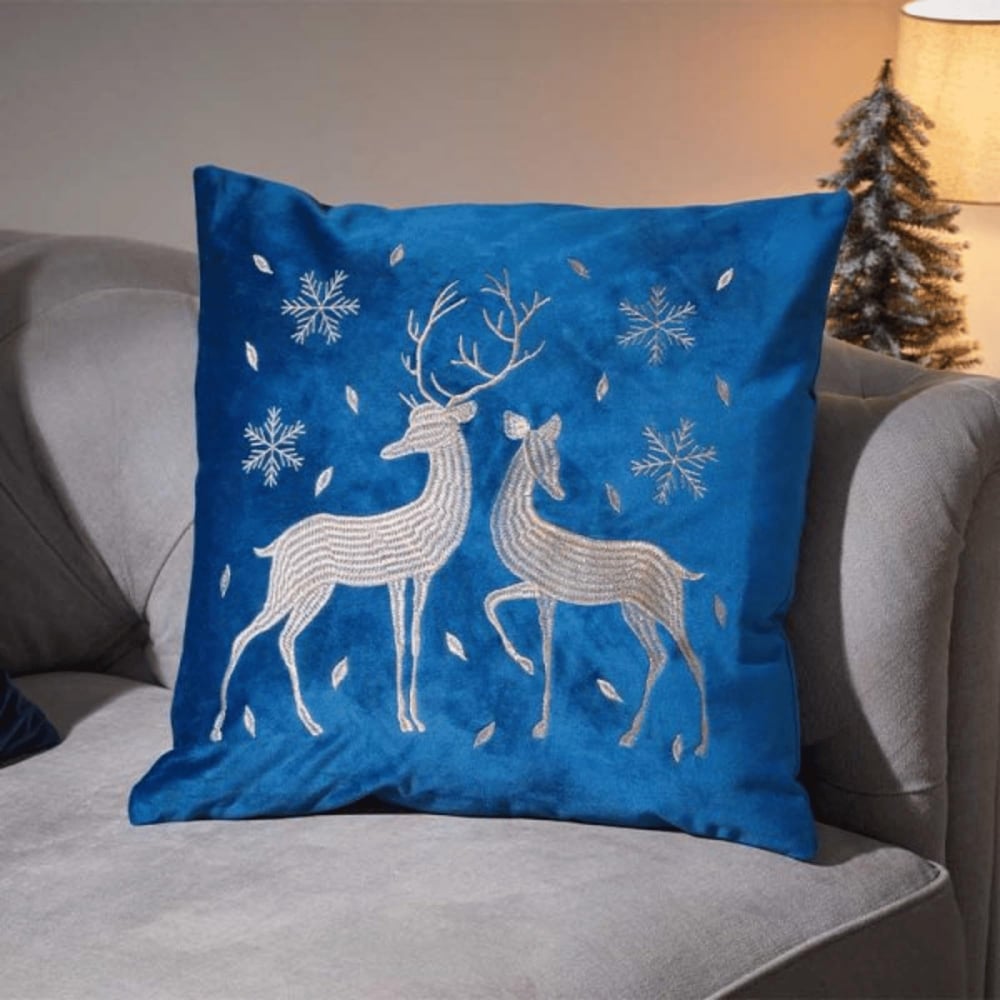 Samuel Alexander Sapphire Blue Christmas Reindeer Cushion 45 x 45cm Image 2