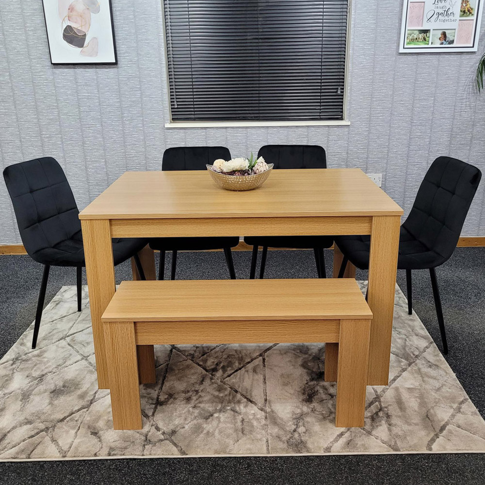Portland 6 Seater Velvet Dining Bench Set Oak Effect and Black Image 1