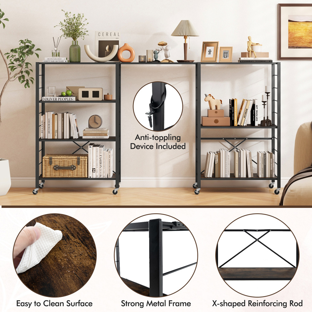 Costway 3 Shelf Black Metal Folding Wheeled Shelving Rack Image 5