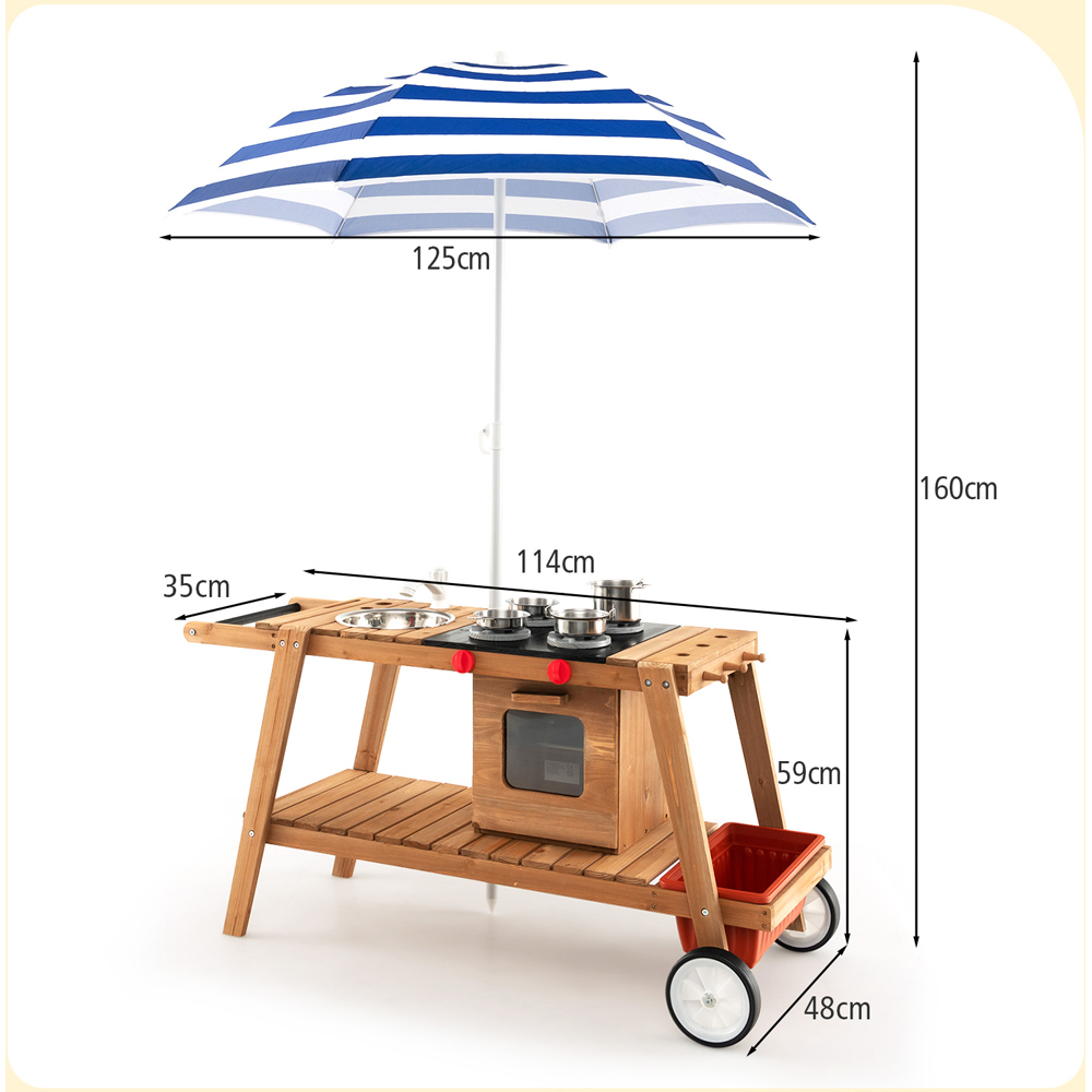 Costway Blue Kids Wooden Play Trolley with Umbrella Image 9