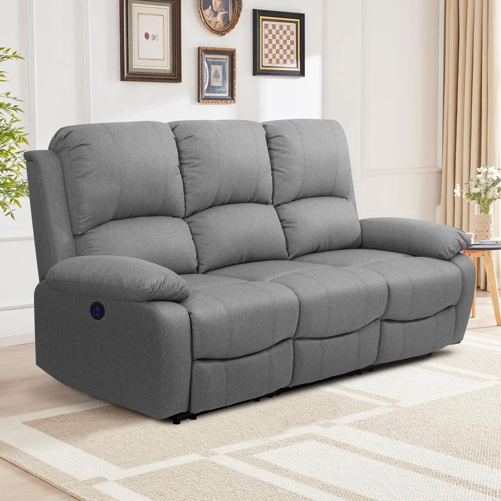 Comfy Living 6 Seater Light Grey Linen Electric Recliner Sofa Set Image 5
