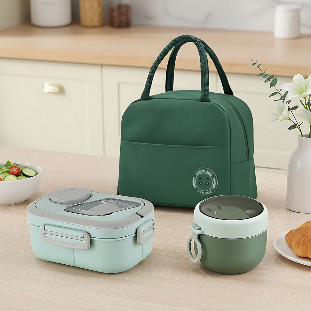 Living and Home Green Portable Lunch Box Set with Cutlery and Insulated Bag Image 2