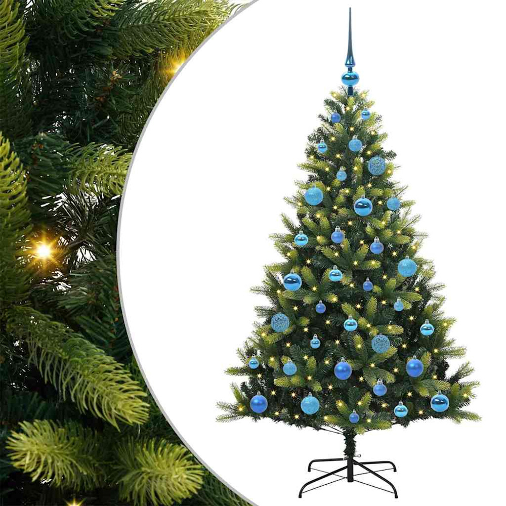vidaXL Pre-Lit Blue Baubles Green Artificial Hinged Christmas Tree 5ft Image 2