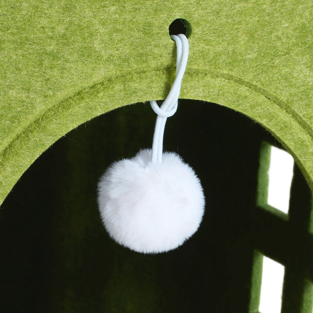 H&O Direct 3-Tier Green Felt Cat House with Hanging Fluffy Ball Image 3