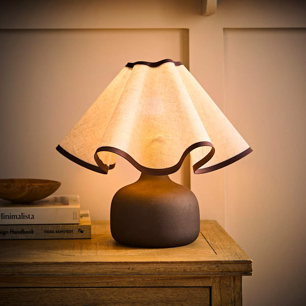 ValueLights Emilia Linen Wave Shade Chocolate Brown Ceramic Table Lamp with Bulb Image 5