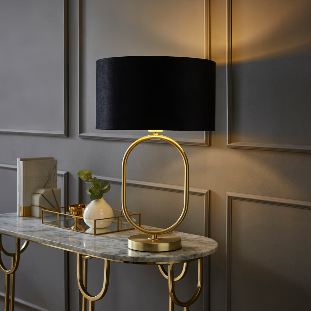 ValueLights Antonia Black Velvet and Gold Drum Shade Brushed Gold Oval LED Table Lamp Image 2