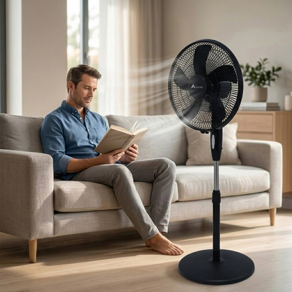 Alivio Black 5 Blade Quiet Adjustable Oscillating Pedestal Floor Fan 45W Image 2