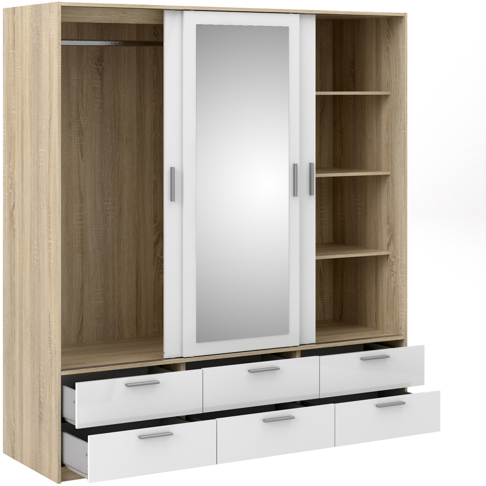 Florence Line 3 Door 6 Drawer Oak and White High Gloss Wardrobe Image 4