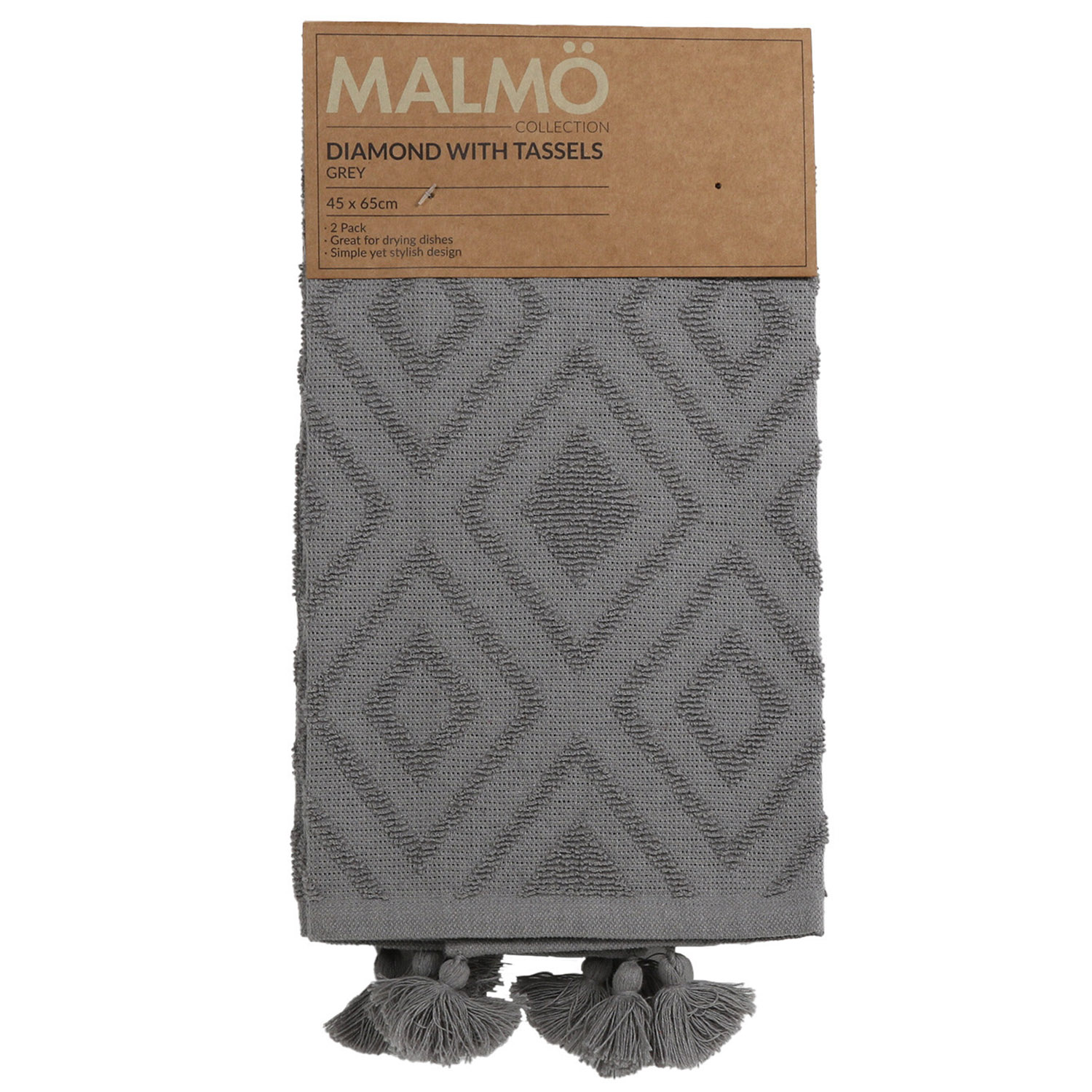 Malmo Grey Diamond Tassel Tea Towels 2 Pack Image