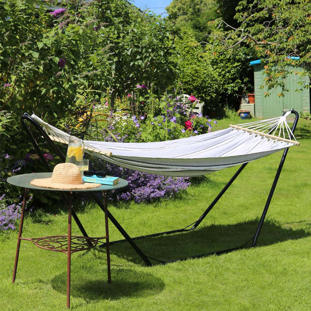 Harbour Housewares Grey and White Stripe Cotton Garden Hammock with Spreader Bars Image 1