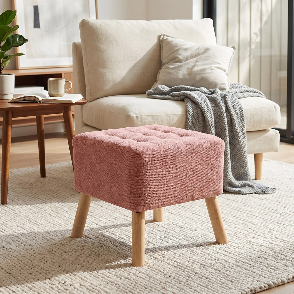 Living and Home Pink Chenille Button Tufted Square Footstool Image 7