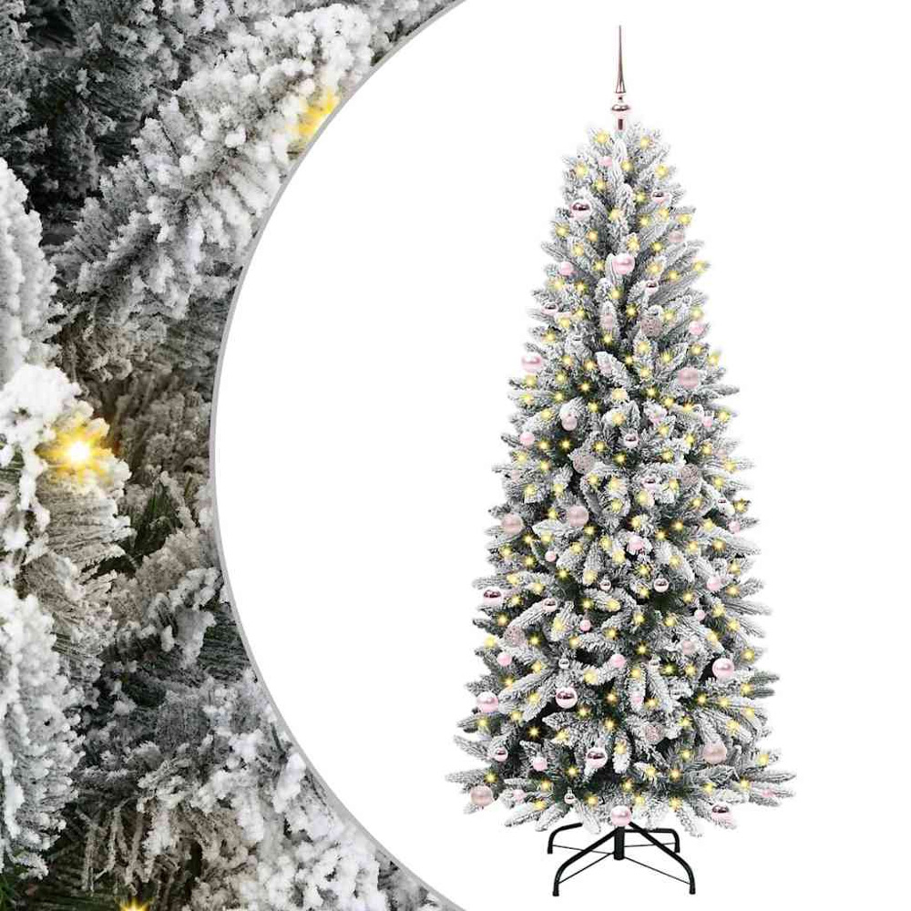 vidaXL Pre-Lit Pink Baubles Artificial Snow Flocked Christmas Tree 8ft Image 2