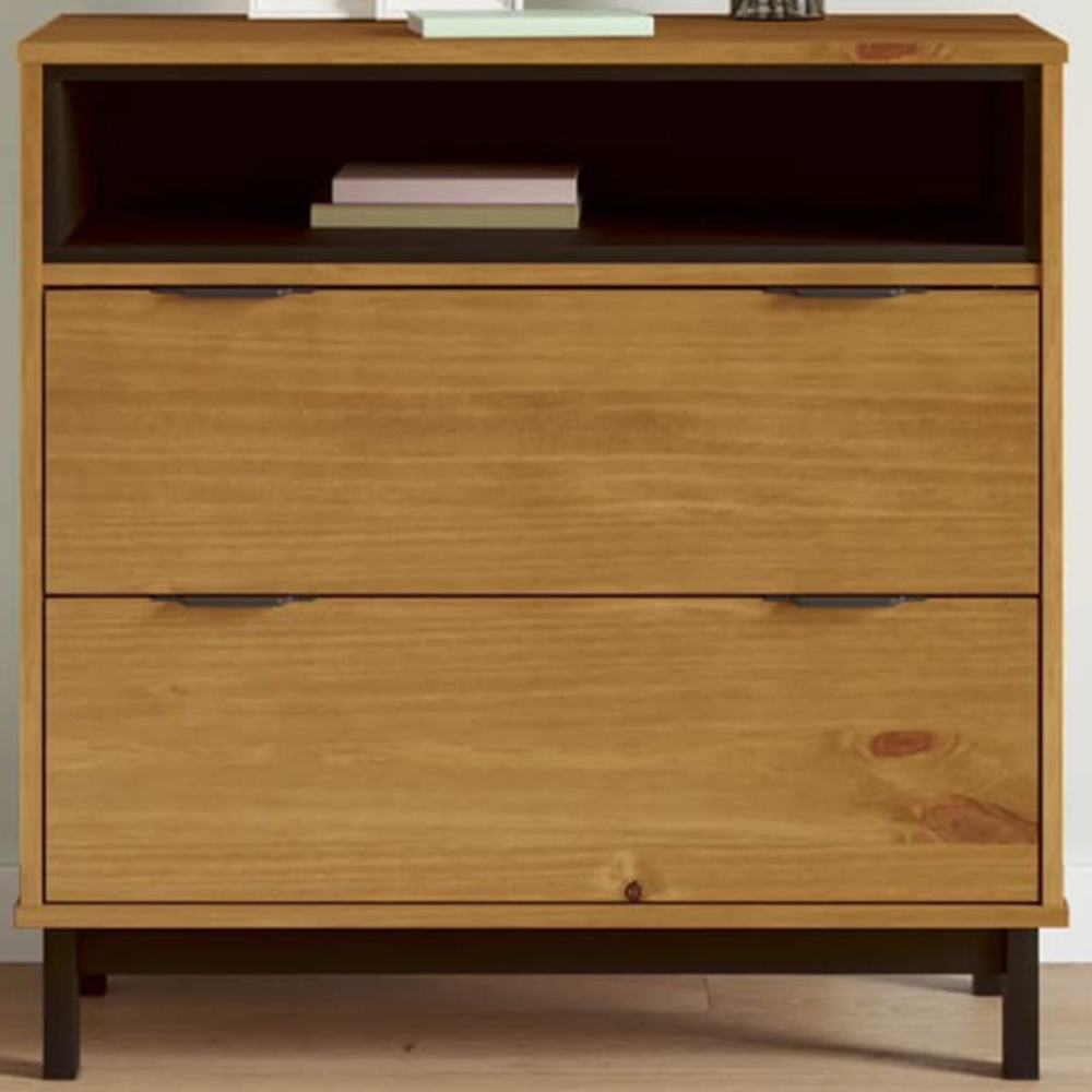 vidaXL Flam 2 Drawer Single Open Shelf Brown Solid Wood Pine Storage Cabinet Image 1