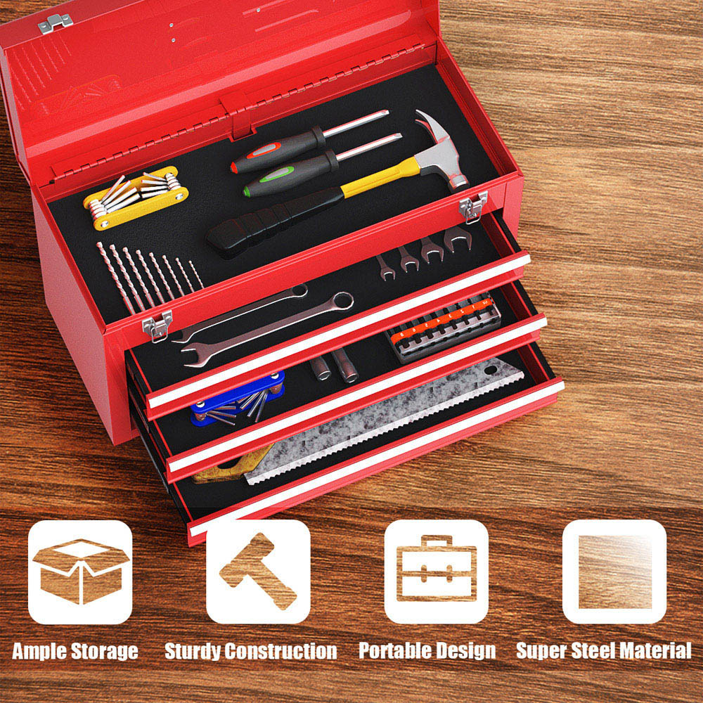 Costway 3 Drawer Red Portable Steel Tool Box with Top Storage Tray Image 6