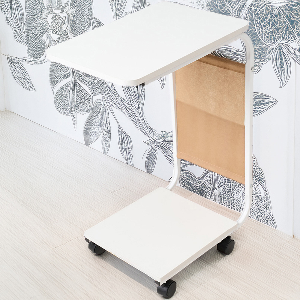 Living and Home White C-Shape Side Table with Lockable Castors Image 1